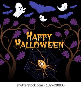 Square Happy Halloween Composition with spooky bats, ghost, spider and spider net in a mystical forest before a black background for square banners, invitation, party flyers. Vector illustration.