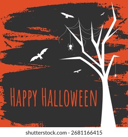 Diseño cuadrado del poste de Halloween feliz. Silueta de árbol muerto con Web y arañas contra el grunge, fondo texturizado en mal estado. Texto de felicitaciones. gráfico de Vector