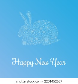 A square Happy New Year card a silhouette of a rabbit made of white snowflakes on a blue background. Vector design. Greeting card, flat minimalist style.