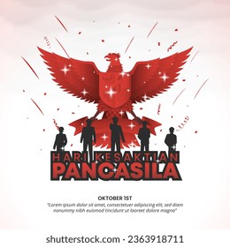 Square Hari Kesaktian Pancasila or Pancasila Sanctity Day with red garuda and heroes and confetti svg