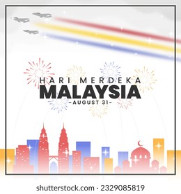 Square Hari Merdeka Malaysia or Independence Day of Malaysia background with colorful buildings and acrobatic jet planes