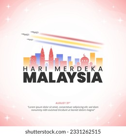 Square Hari Merdeka Malaysia or Independence Day of Malaysia background with colorful silhouette buildings