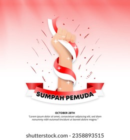 Square Hari Sumpah Pemuda or Youth Pledge Day background with a hand and flag