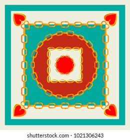 Square Head Scarf with chains and hearts. Vector design of tile, carpet, tablecloth fabric, cushion, pillow, bags, cover. All elements are located on separate layers. 