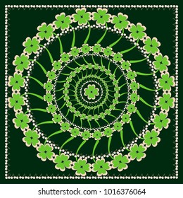 Square Head Scarf with Floral Ornament.  Stylized design of Clover flowers. Vector cover design. Design for St. Patrick's Day.