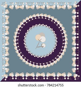 Square Head Scarf with Floral Ornament. Vector design of tile, carpet, tablecloth fabric, cushion, pillow, bags, cover. Stylized design of cotton flowers. All elements are located on separate layers. 