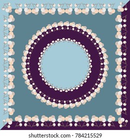 Square Head Scarf with Floral Ornament. Vector design of tile, carpet, tablecloth fabric, cushion, pillow, bags, cover. Stylized design of cotton flowers. All elements are located on separate layers. 