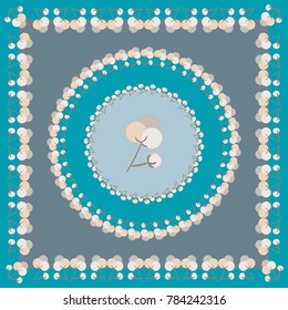 Square Head Scarf with Floral Ornament. Vector design of tile, carpet, tablecloth fabric, cushion, pillow, bags, cover. Stylized design of cotton flowers. All elements are located on separate layers. 