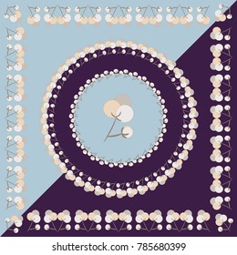 Square Head Scarf with Floral Ornament. Vector design of tile, carpet, tablecloth fabric, cushion, pillow, bags, cover. Stylized design of cotton flowers. All elements are located on separate layers. 