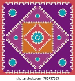 Square Head Scarf with Floral Ornament. Vector design of tile, carpet, tablecloth fabric, cushion, pillow, bags, cover. Stylized design of cotton flowers. All elements are located on separate layers. 