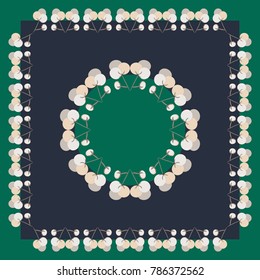 Square Head Scarf with Floral Ornament. Vector design of tile, carpet, tablecloth fabric, cushion, pillow, bags, cover. Stylized design of cotton flowers. All elements are located on separate layers. 