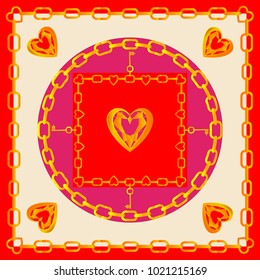 Square Head Scarf with gold chains and hearts. Vector design of tile, carpet, tablecloth fabric, cushion, pillow, bags, cover.  Vector cover design. All elements are located on separate layers.