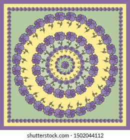Square Head Scarf with hand drawn violet flowers. Vector design of tile, carpet, tablecloth fabric, cushion, pillow, bags, cover,T-shirt.
All elements are located on separate layers.