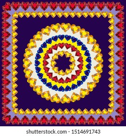 Square Head Scarf with red, yellow and blue gemstone. Vector design of tile, carpet, tablecloth fabric, cushion, pillow, bags, cover. Vector cover design. All elements are located on separate layers.