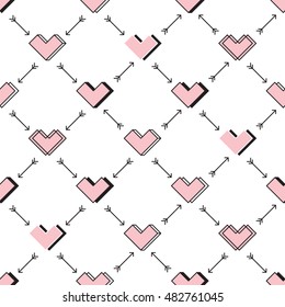 Square hearts and arrows seamless pattern. Robot in love