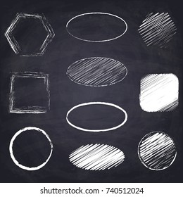 Square, hexagon, ellipse, round. Geometric figures on chalkboard background.Chalk drawn illustration. 