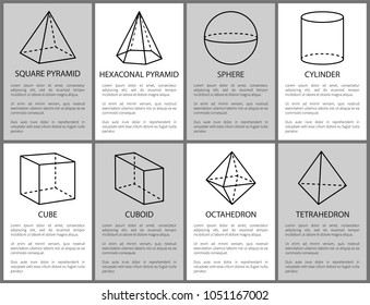 Square hexagonal pyramid, sphere cylinder cube cuboid octahedron tetrahedron geometric shapes projections, symmetric figures with dashes and lines vector