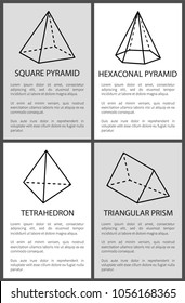 Square hexagonal pyramid tetrahedron triangular prism vector illustration sketches projection of figures dashes and lines to draw pyramid and prism