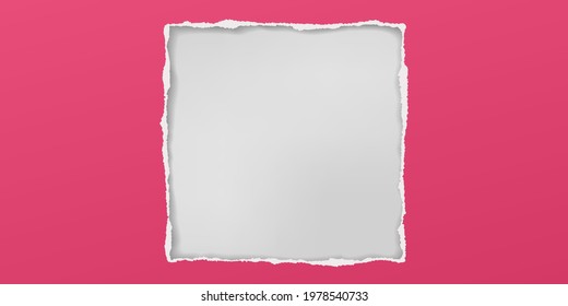 Square hole composition in red paper with torn edges and soft shadow is on squared background. Vector illustration