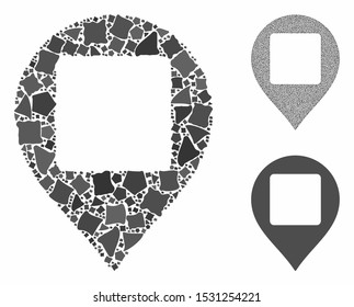 Square hole map marker composition of raggy pieces in different sizes and color tints, based on square hole map marker icon. Vector unequal pieces are composed into composition.