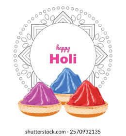 Square Holi banner with a mandala on white background, Happy Holi text, and bowls of colorful powder in red, purple, blue