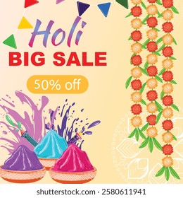 Square Holi festival sale banner with pichkaris, colorful powder in bowls, splashes, decorative garlands, and marigold flowers with mango leaves on a yellow background with mandala