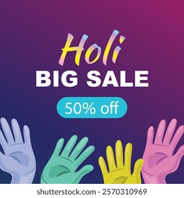 Square Holi sale banner featuring vibrant hands on a colorful gradient background