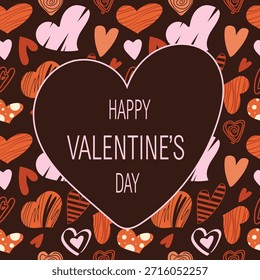 Square holiday card featuring a large central heart with greeting text on a dark background of various stylized patterned hearts. Elegant design in pink and terracotta 