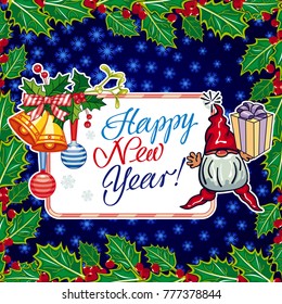 Square holiday card with funny gnome and greeting text "Happy New Year!" Vector clip art.