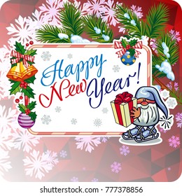 Square holiday card with funny gnome and greeting text "Happy New Year!" Vector clip art.