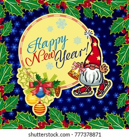 Square holiday card with funny gnome and greeting text "Happy New Year!" Vector clip art.