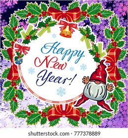 Square holiday card with funny gnome and greeting text "Happy New Year!" Vector clip art.