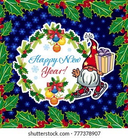Square holiday card with funny gnome and greeting text "Happy New Year!" Vector clip art.