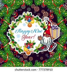 Square holiday card with funny gnome and greeting text "Happy New Year!" Vector clip art.