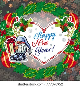 Square holiday card with funny gnome and greeting text "Happy New Year!" Vector clip art.