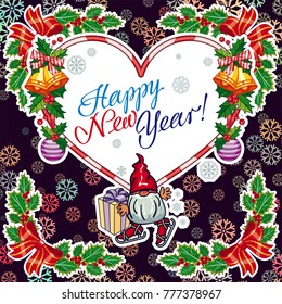 Square holiday card with funny gnome and greeting text "Happy New Year!" Vector clip art.