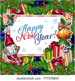 Square holiday card with funny gnomes and greeting text "Happy New Year!" Vector clip art.