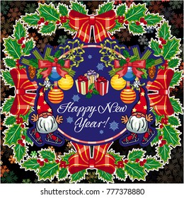 Square holiday card with funny gnomes and greeting text "Happy New Year!" Vector clip art.