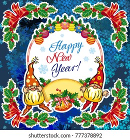 Square holiday card with funny gnomes and greeting text "Happy New Year!" Vector clip art.