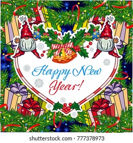 Square holiday card with funny gnomes and greeting text "Happy New Year!" Vector clip art.