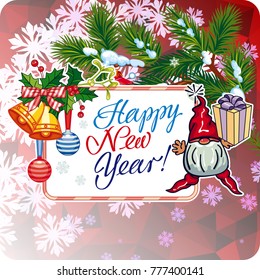 Square holiday card with funny gnomes and greeting text "Happy New Year!" Vector clip art.