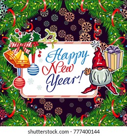 Square holiday card with funny gnomes and greeting text "Happy New Year!" Vector clip art.