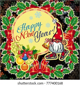 Square holiday card with funny gnomes and greeting text "Happy New Year!" Vector clip art.