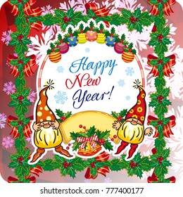 Square holiday card with funny gnomes and greeting text "Happy New Year!" Vector clip art.