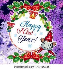 Square holiday card with funny gnomes and greeting text "Happy New Year!" Vector clip art.
