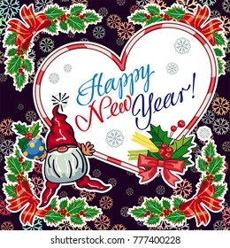 Square holiday card with funny gnomes and greeting text "Happy New Year!" Vector clip art.