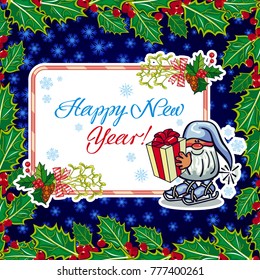 Square holiday card with funny gnomes and greeting text "Happy New Year!" Vector clip art.