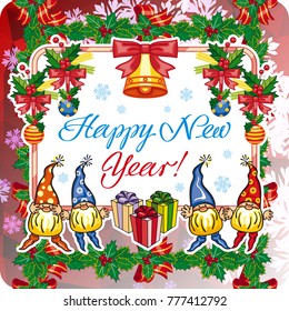 Square holiday card with funny gnomes and greeting text "Happy New Year!" Vector clip art.