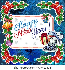Square holiday card with funny gnomes and greeting text "Happy New Year!" Vector clip art.