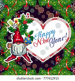 Square holiday card with funny gnomes and greeting text "Happy New Year!" Vector clip art.